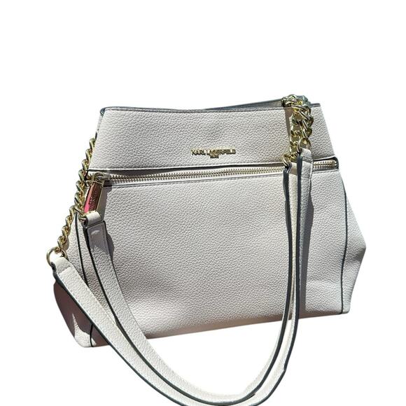 Karl Lagerfeld Cream & Gold Shoulder Bag Agyness Design Triple Compartment EUC - Picture 9 of 15